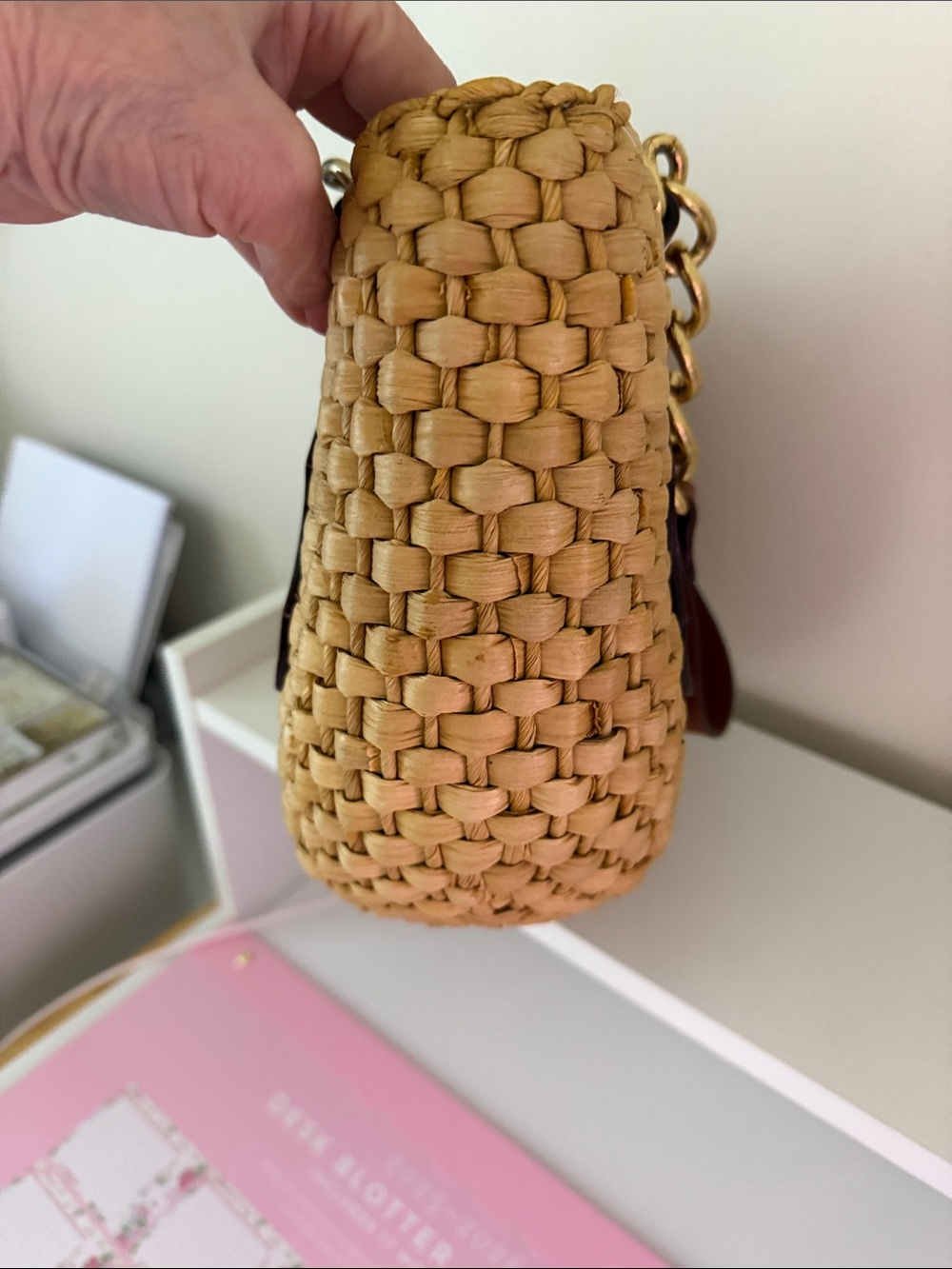 Michael Kors Tan Woven Straw Tote with Brown Leather & Gold Hardware - Picture 4 of 12